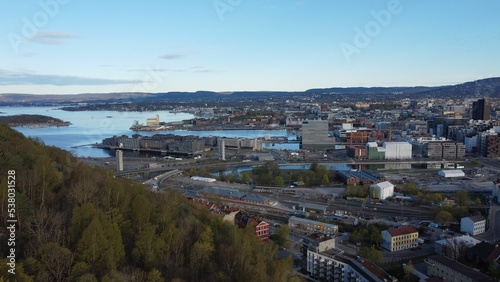 Arial shot of the city buildings and the river of the Hamaroy commune in Nordland Norway photo