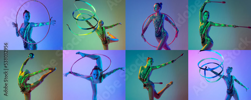 Collage. Portrait of young, muscular girl, female rhytmic gymnast training isolated over multicolored studio background in neon light photo