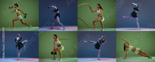 Collage. Two sportive young women's training, athletic female MMA fighter and fitness trainer isolate dover green and blue background in neon