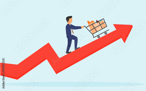 businessman pushing a trolley in the direction of an arrow that continues to rise as a symbol of rising goods, vector illustration of inflation