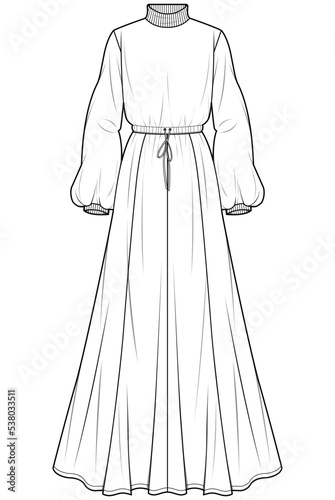 womens bishop sleeve high neck tie waist dress fashion flat sketch vector illustration