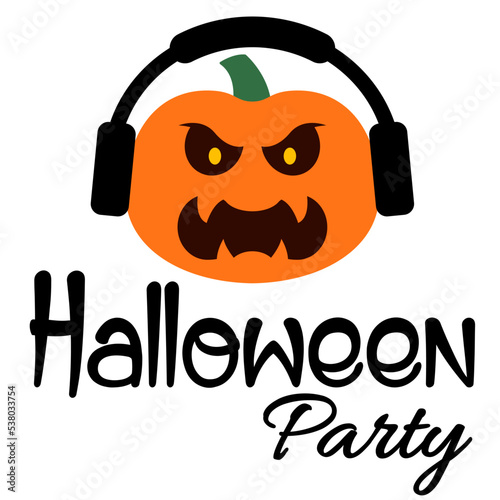 Banner con texto Halloween Party con calabaza de Halloween con auriculares de música