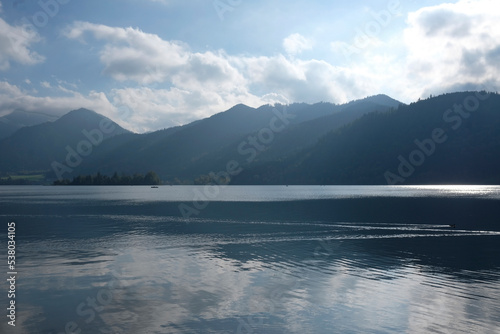 Lake Tegernsee in Bavaria, Germany, with mountains in the background