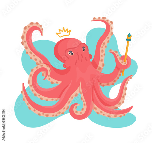 A sea animal with a crown and a stick in its tentacle. 