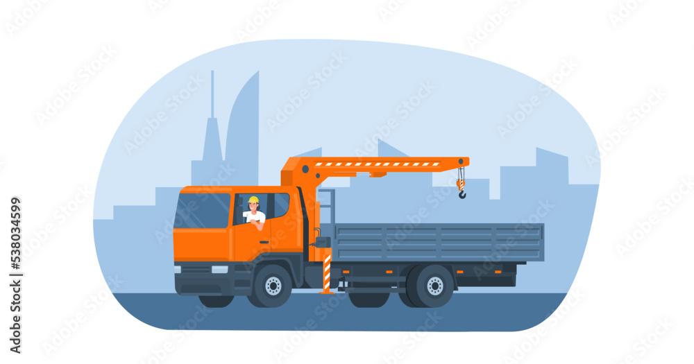 Truck with a crane with a driver rides on the background of an abstract cityscape. Vector illustration.