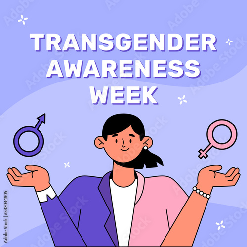 Transgender awareness week banner. Gender transition. Person half woman and half man. Vector illustration in flat style. Concept of gender identity and transgenderness.