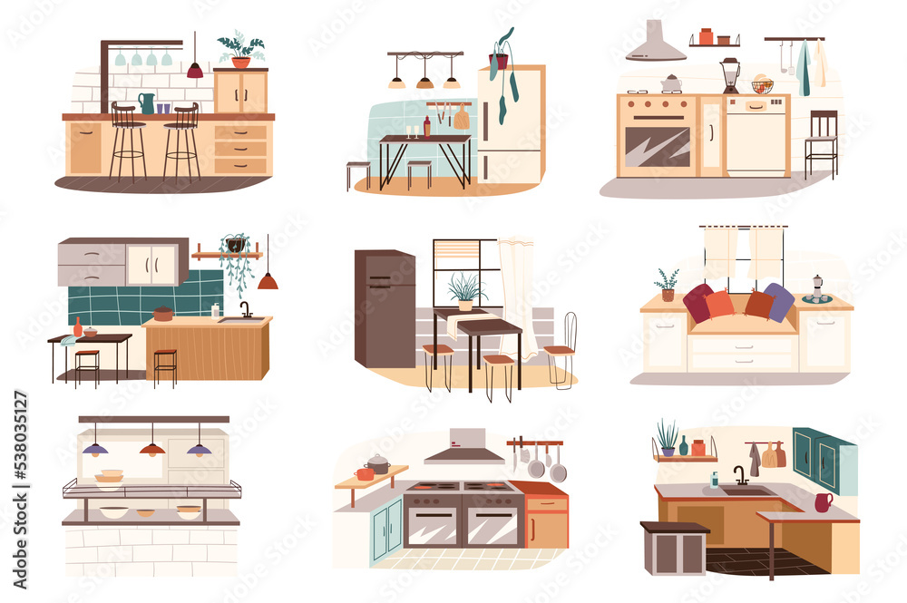 Different kitchen isolated scenes set. Dining and kitchen tables, furniture sets, household appliances, dishes, seating. Bundle of modern interiors. Illustration in flat cartoon for web design Different kitchen isolated scenes set. Dining and kitchen tables, furniture sets, household appliances, dishes, seating. Bundle of modern interiors. Illustration in flat cartoon for web design