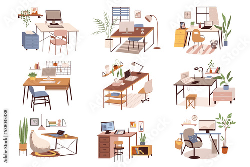 Different workplaces isolated scenes set. Desks, chairs, computers or laptops, bookshelves, plants, decor, other objects. Bundle of modern interiors. Illustration in flat cartoon for web design