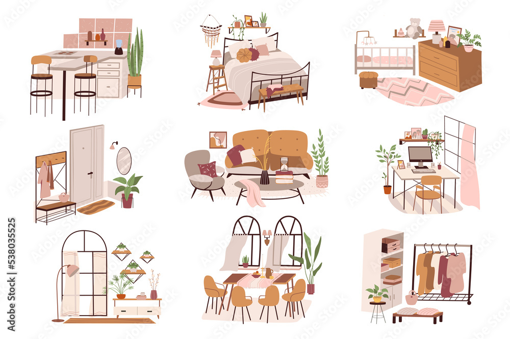 Different rooms at home isolated scenes set. Kitchen, bedroom, hallway, living room, wardrobe. Furniture and decorations. Bundle of modern interiors. Illustration in flat cartoon for web design