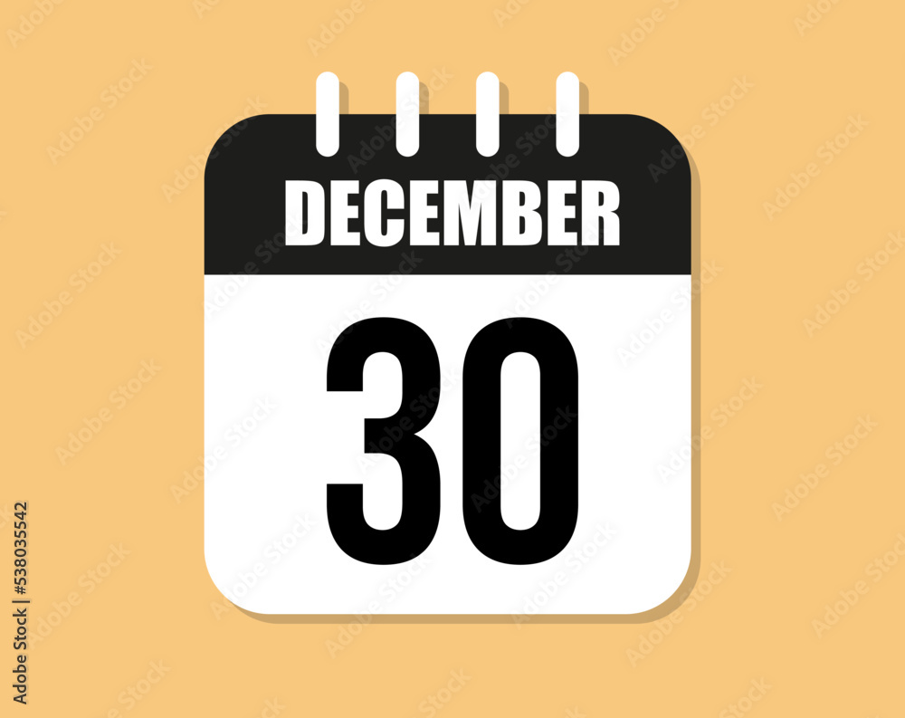 30 day december icon. Black and white december month calendar vector on orange background.