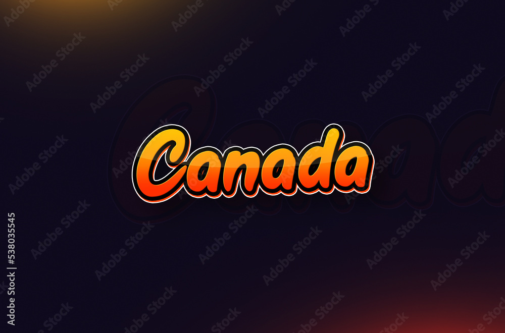 Country Name Canada Written on Dark Background: Design Illustration in Creative Hand drawn style with Yellow and Orange Gradient. Used for welcoming, touring, or independence day celebration