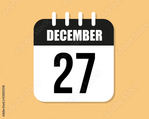 27 day december icon. Black and white december month calendar vector on orange background.