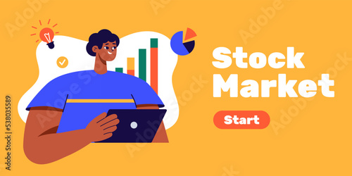 Financial consultant, investor or entrepreneur. Financial consulting and savings. Vector illustration. Online investment with laptop. Stock trading exchange app concept. Analytical data service