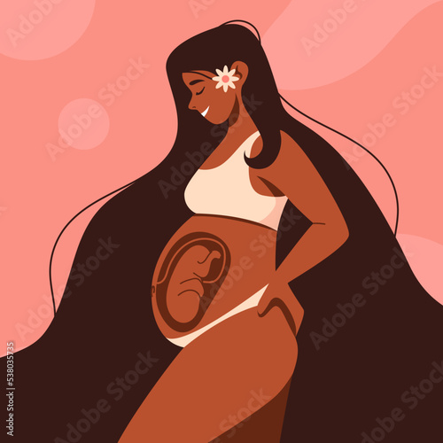 African american regnant woman holds her belly. Happy pregnancy and motherhood. Fetus in the womb. Happy mother's day poster. Flat vector illustration. Maternity ultrasound diagnostic, sonogram