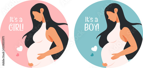Baby shower, gender reveal party, invitation card, poster, icon. Pregnant woman in dress holds her belly. Happy, healthy pregnancy and motherhood logo. Happy mother's day banner.