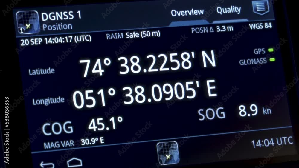 GPS screen: longitude and latitude. Coordinates of vessel on display. Satellite navigation systems on a marine ship. GPS screen: longitude and latitude. Coordinates of vessel on display. Satellite navigation systems on a marine ship.