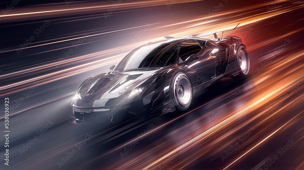 Fototapeta premium Speeding Sports Car On Neon Highway. Powerful acceleration of a supercar on a night track with colorful lights and trails. 3d render