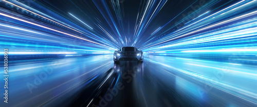Speeding Sports Car On Neon Highway. Powerful acceleration of a supercar on a night track with colorful lights and trails. 3d render photo