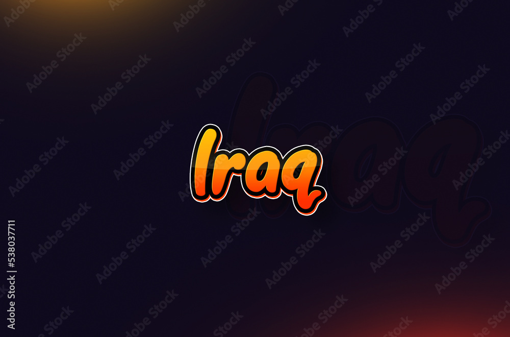Country Name Iraq Written on Dark Background: Design Illustration in Creative Hand drawn style with Yellow and Orange Gradient. Used for welcoming, touring, or independence day celebration