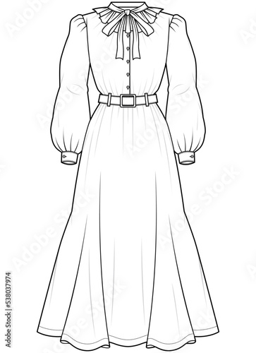 womens bishop sleeve belted waist bow neck dress fashion flat sketch vector illustration. long sleeve maxi dress technical drawing template. cad mockup.