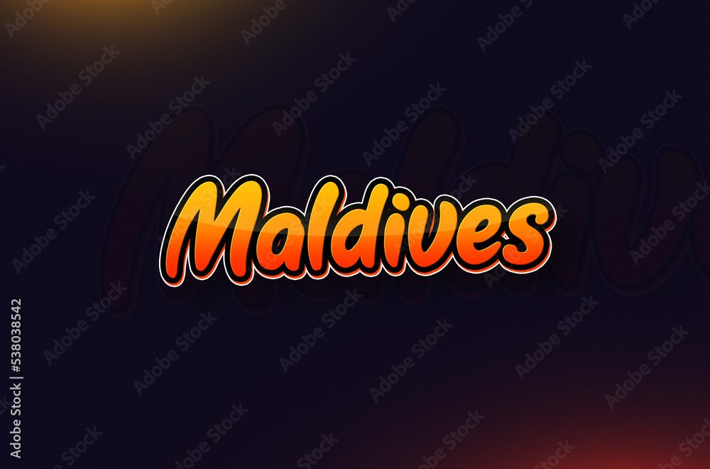 Country Name Maldives Typography on Dark Background: Design Illustration in Creative Hand drawn style with Yellow and Orange Gradient. Used for welcoming, touring, or independence day celebration