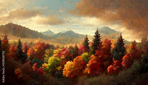 絵画 イラスト 秋 紅葉 山 自然 森 風景