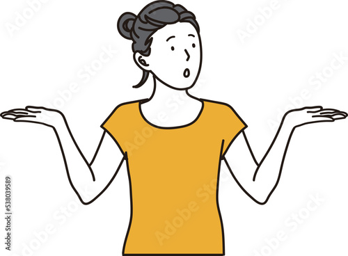 両手を上げ驚く女性
