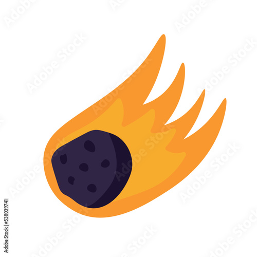 Large meteorite with a fiery tail on a white background. Solar system on a white background. Vector illustration in cartoon style for children. Icon of the planet.