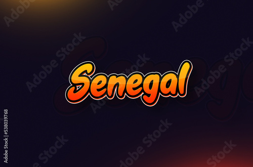 Country Name Senegal Typography on Dark Background: Design Illustration in Creative Hand drawn style with Yellow and Orange Gradient. Used for welcoming, touring, or independence day celebration