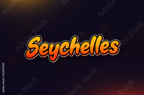 Country Name Seychelles Typography on Dark Background: Design Illustration in Creative Hand drawn style with Yellow and Orange Gradient. Used for welcoming, touring, or independence day celebration