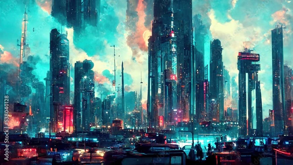 Futuristic cyberpunk city. Skyscrapers view, at night on a rainy day ...