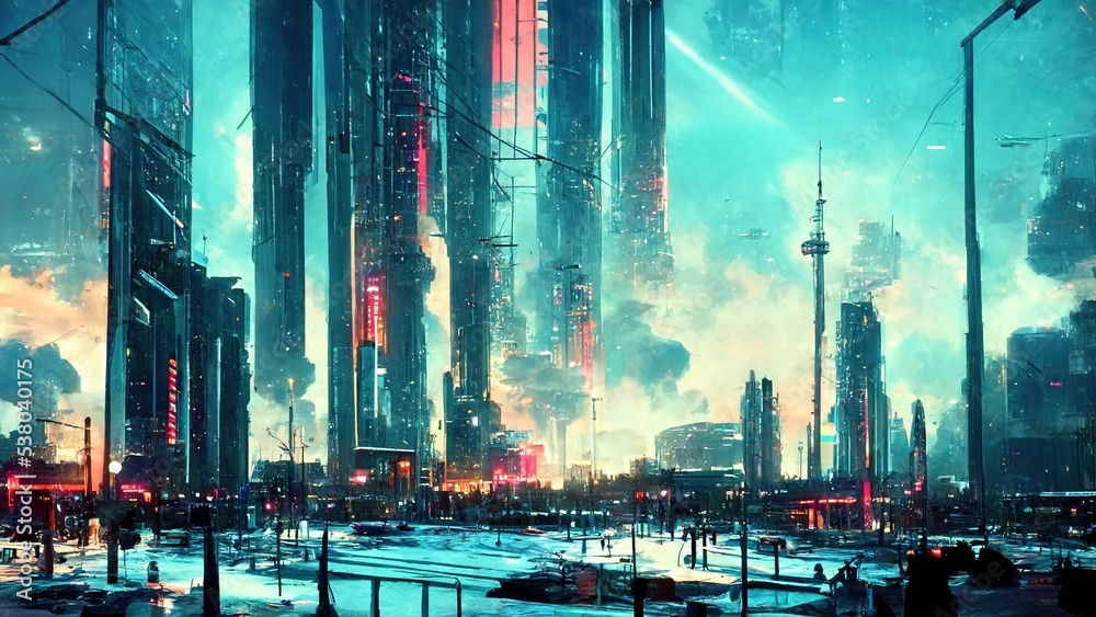 Futuristic cyberpunk city. Skyscrapers view, at night on a rainy day ...