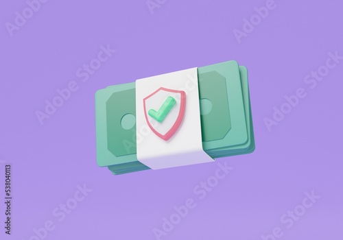 3d render illustration of money security concept. Money protection shield on purple background. Coins, banknotes. online payment protection, financial saving insurance, money saving. cartoon minimal