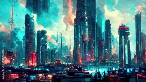 Futuristic cyberpunk city. Skyscrapers view, at night on a rainy day. Big, tall buildings. Dark technology, urban town architecture. Concept skyline photo