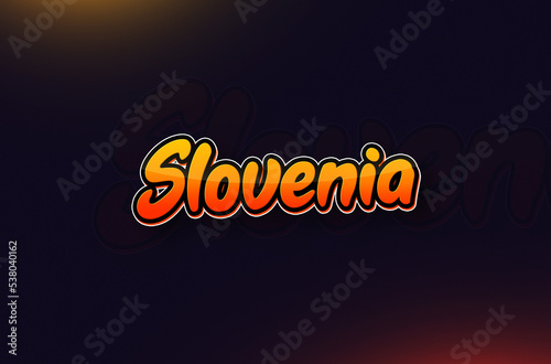 Country Name Slovenia Typography on Dark Background: Design Illustration in Creative Hand drawn style with Yellow and Orange Gradient. Used for welcoming, touring, or independence day celebration