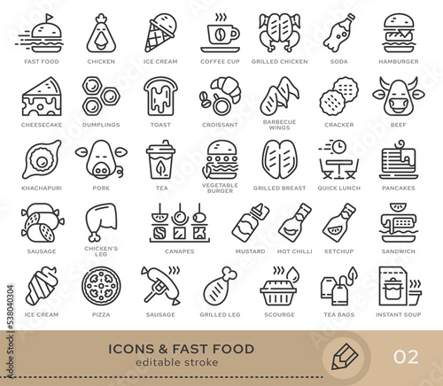 Set of conceptual icons. Vector icons in flat linear style for web sites  applications and other graphic resources. Set from the series - Fast food. Editable stroke icon.