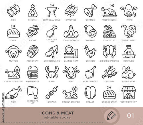 Set of conceptual icons. Vector icons in flat linear style for web sites, applications and other graphic resources. Set from the series - Meat products. Editable stroke icon.