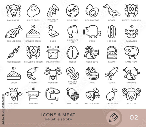 Set of conceptual icons. Vector icons in flat linear style for web sites, applications and other graphic resources. Set from the series - Meat products. Editable stroke icon.