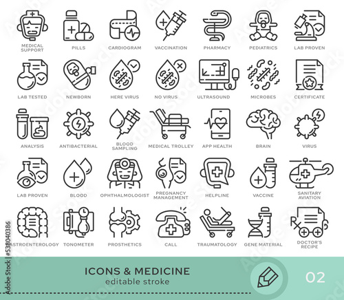 Set of conceptual icons. Vector icons in flat linear style for web sites, applications and other graphic resources. Set from the series - Medicine. Editable stroke icon.