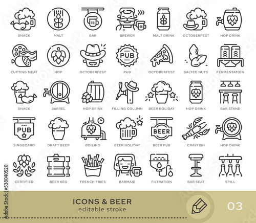 SSet of conceptual icons. Vector icons in flat linear style for web sites, applications and other graphic resources. Set from the series - Beer. Editable stroke icon.