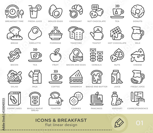 Set of conceptual icons. Vector icons in flat linear style for web sites, applications and other graphic resources. Set from the series - Breakfast. Editable stroke icon.