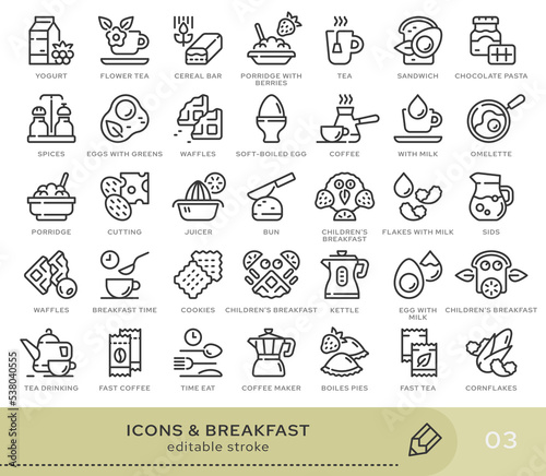 Set of conceptual icons. Vector icons in flat linear style for web sites, applications and other graphic resources. Set from the series - Breakfast. Editable stroke icon.