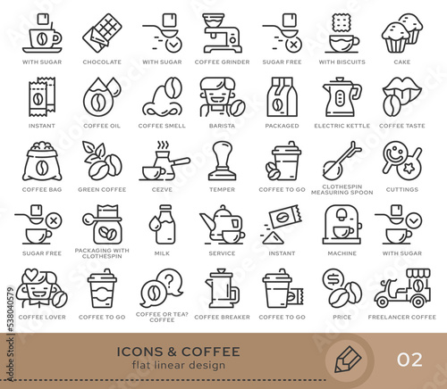 Set of conceptual icons. Vector icons in flat linear style for web sites  applications and other graphic resources. Set from the series - Coffee. Editable stroke icon.