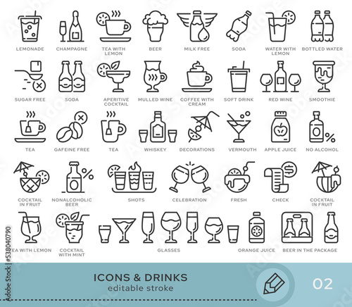 Set of conceptual icons. Vector icons in flat linear style for web sites, applications and other graphic resources. Set from the series - Drinks. Editable stroke icon.