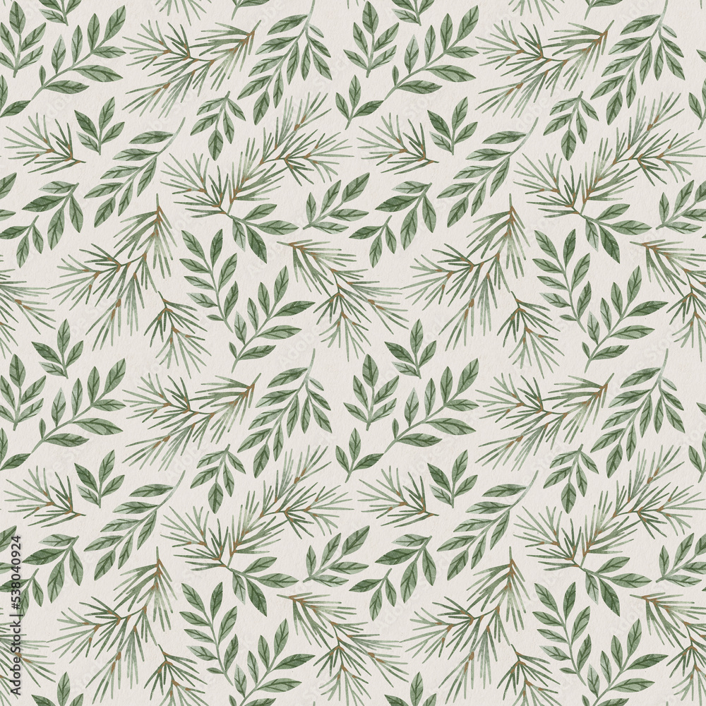 Winter seamless pattern. Hand drawn floral christmas background. Pastel green pattern.
