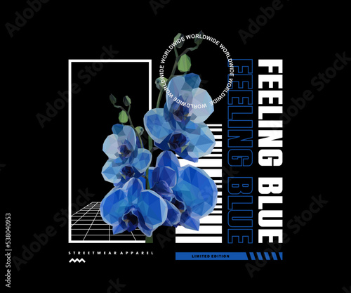  Polygonal illustration of blue flower t shirt design, vector graphic, typographic poster or tshirts street wear and Urban style