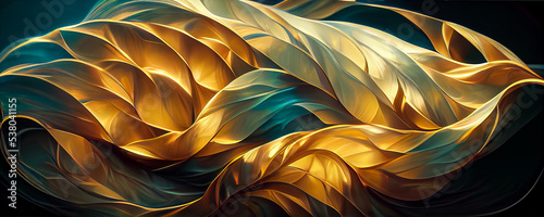 Swirling golden and blue. Acrylic Fluid Art. Dark blue waves in abstract ocean and golden foamy waves. Marble effect background or texture. Spectacular abstract glistening golden solid liquid waves