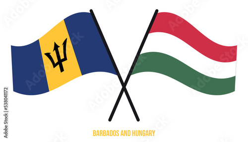 Barbados and Hungary Flags Crossed And Waving Flat Style. Official Proportion. Correct Colors.