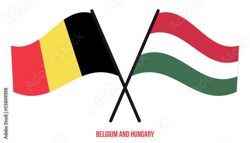 Belgium and Hungary Flags Crossed And Waving Flat Style. Official Proportion. Correct Colors.