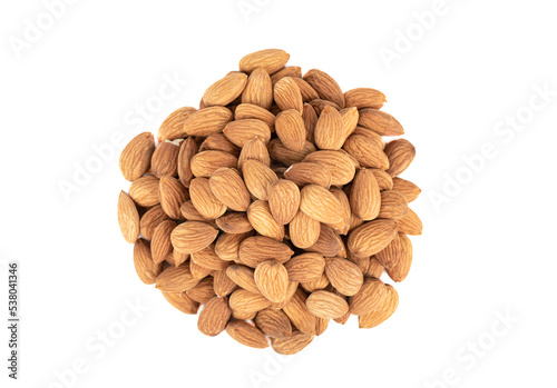Top view of a bunch of grains of almond nuts on a white background.